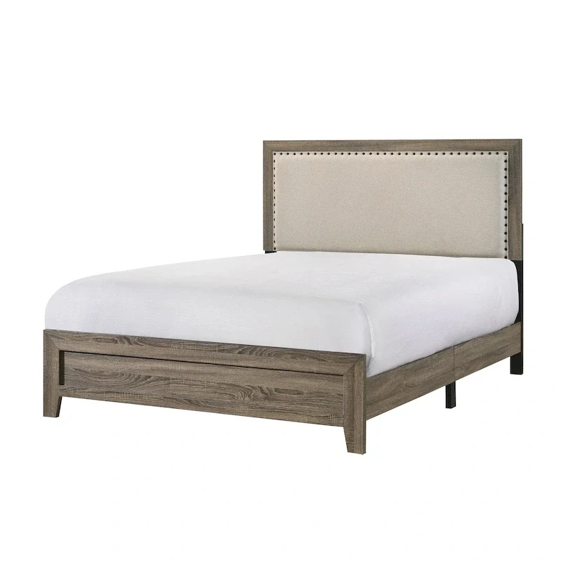 Grey Finish Fabric Upholstered Headboard Tufted Nailhead Trim 1pc Queen Size Panel Bed Beautiful Wooden Bedroom Furniture
