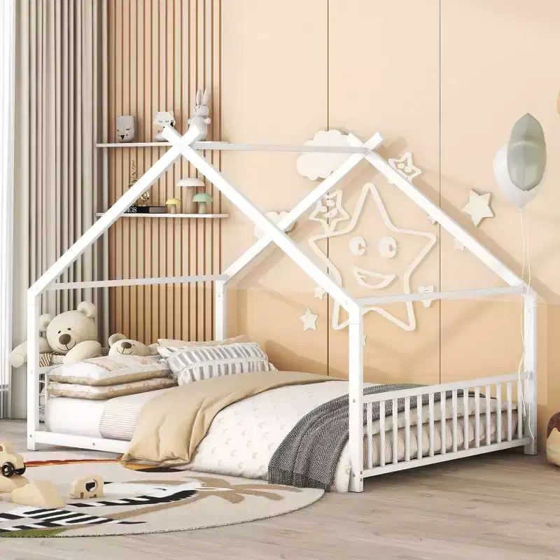 Okak Full Size Bed Frame with Storage, Full Size Bed Frame for Kids, House-Shaped Metal Platform Bed with Twin Size Trundle, White