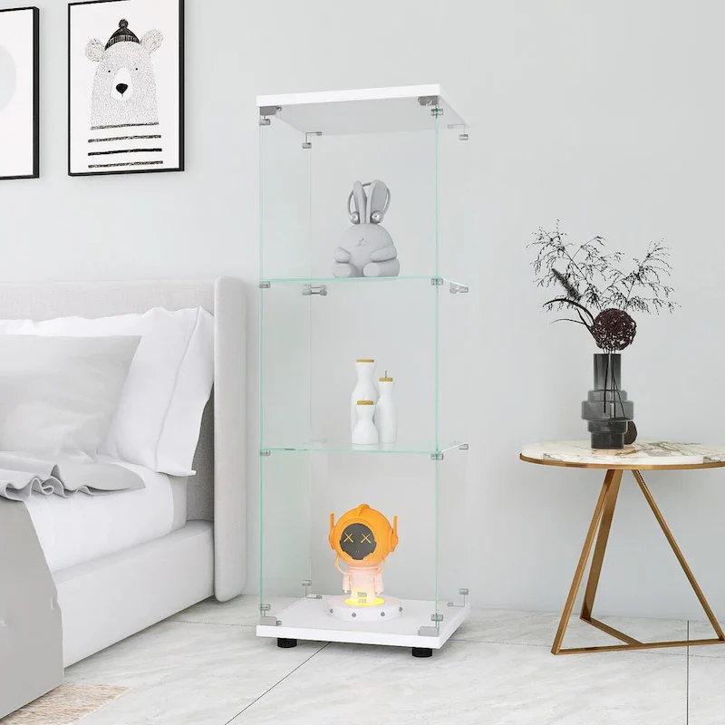Glass Display Cabinet with 3 Shelves, One-Door, White Floor Standing Bookshelf
