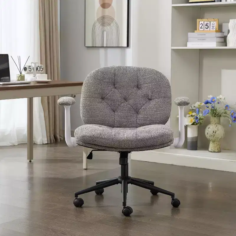 Grey Cross-Leg Swivel Chair with Flip-Up Armrests, Wide Seat for Desk and Vanity