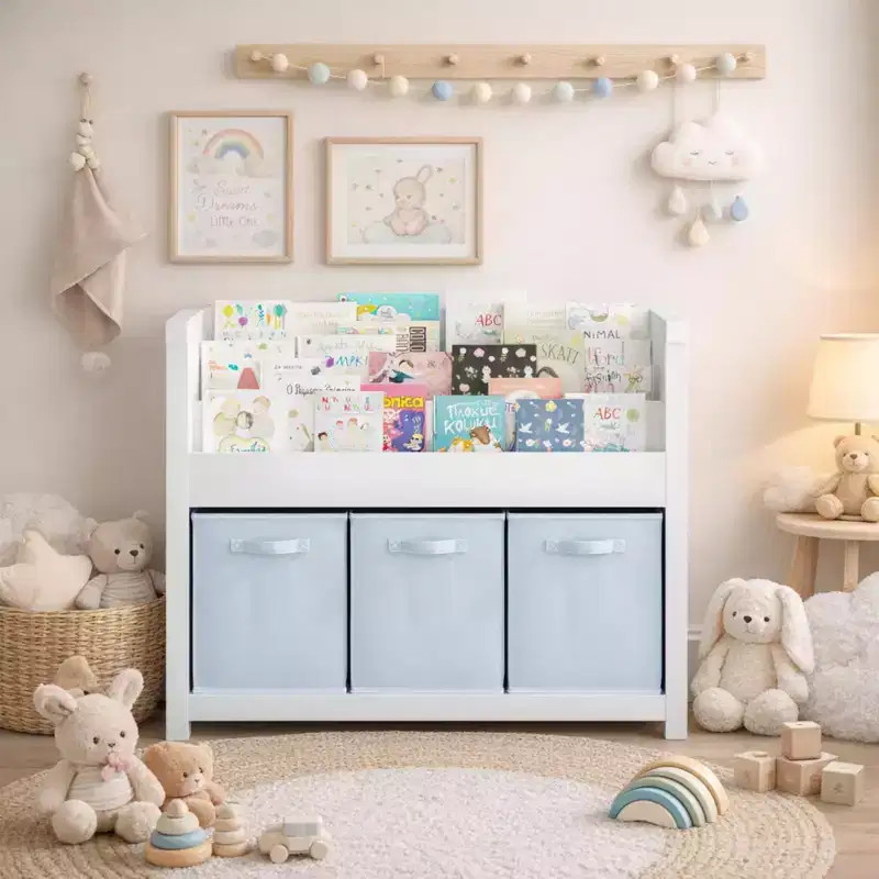 Kids Bookshelf with 3-Tier Front-Facing Book Display and 3 Fabric Bins, Toddler Bookcase and Toy Storage Organizer for Playroom, White