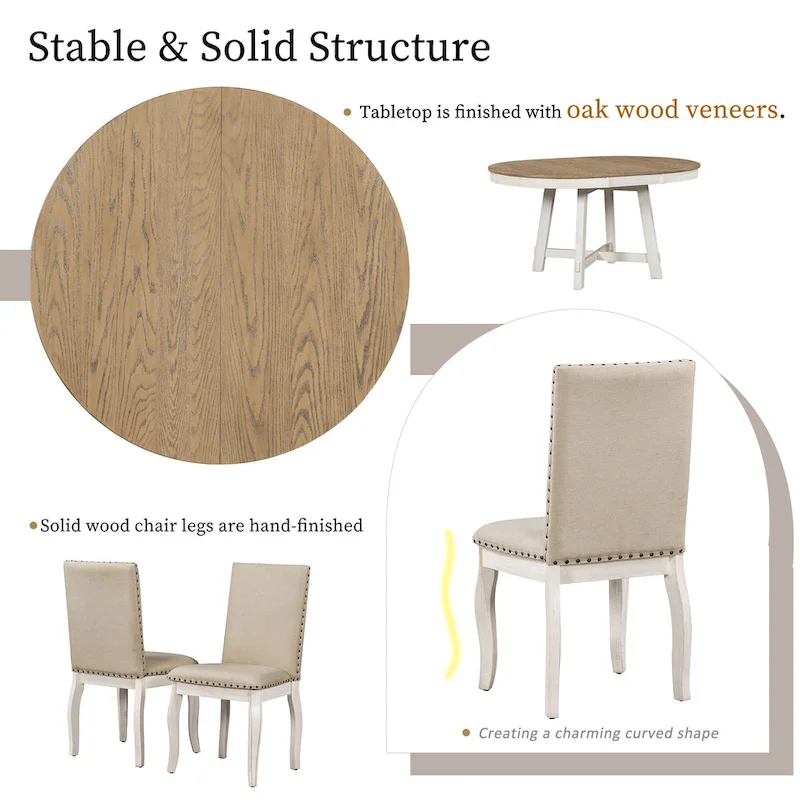 5-Piece Wooden Dining Table Set with Extendable Round Table & 4 Chairs
