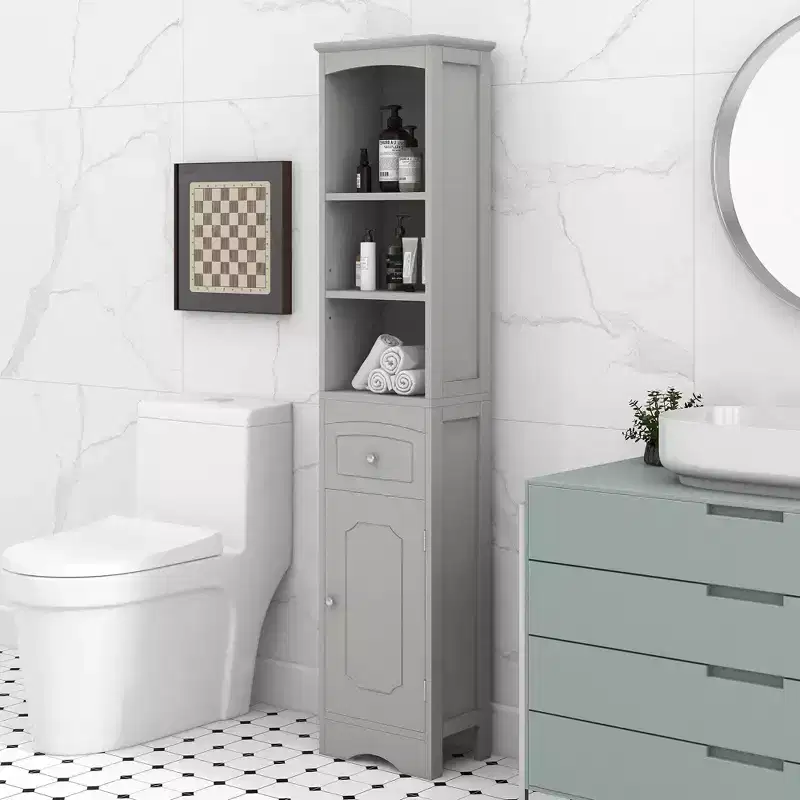 Clara Modern Wood Freestanding Tall Bathroom Storage Cabinet with Drawer, Open Shelves and Adjustable Shelf
