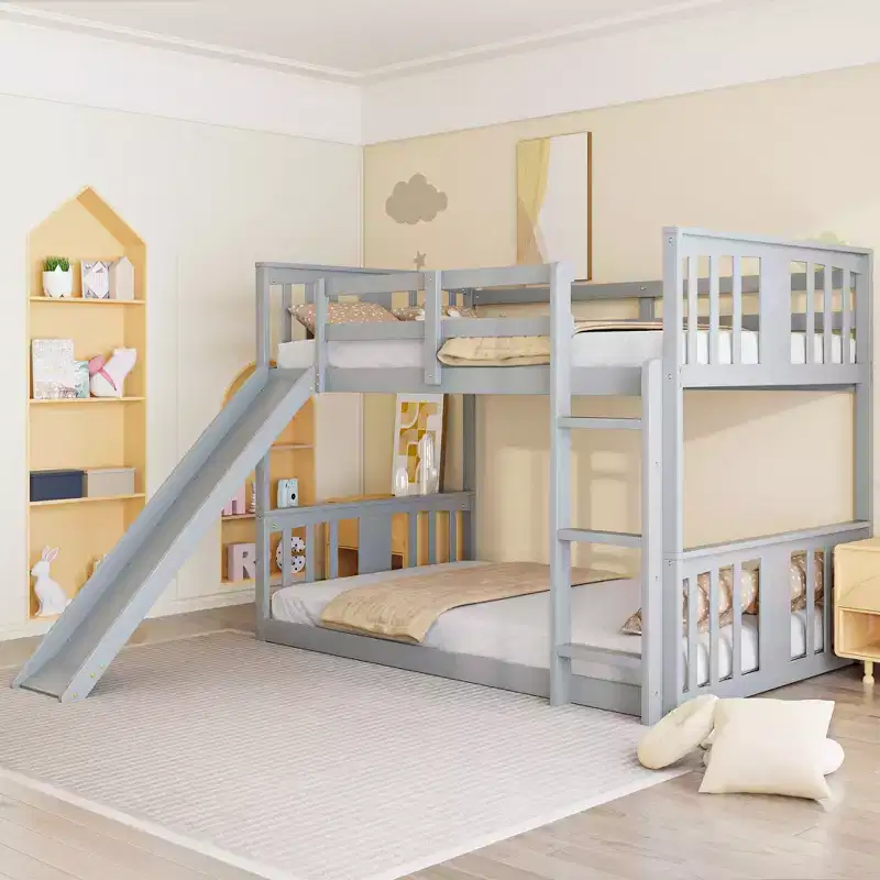 Floor Bunk Bed Kids Bunk Beds with Guardrail Headboard and Footboard, Low Bunk Beds for Kids, Boys and Girls, Gray