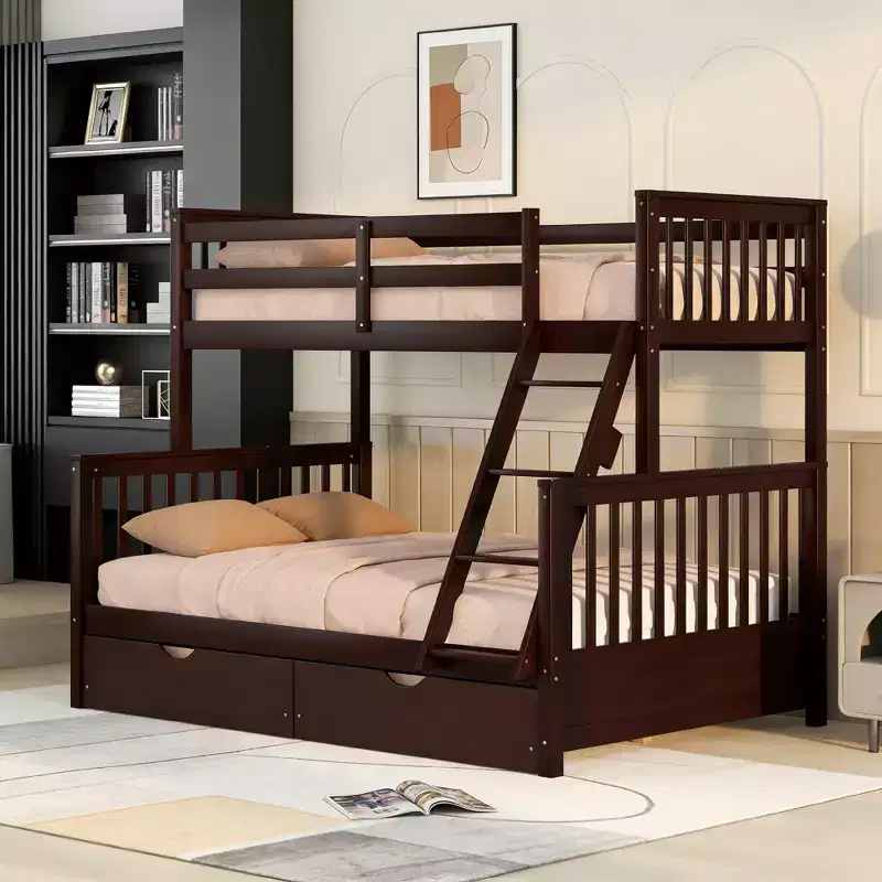 Luxystar Modern Twin Over Full Wooden Bunk Bed with 2 Storage Drawers
