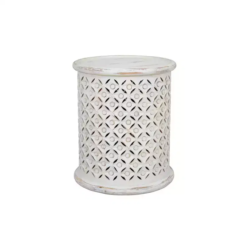 Jofran, Decker Small Distressed Hardwood Global Drum End Table, White