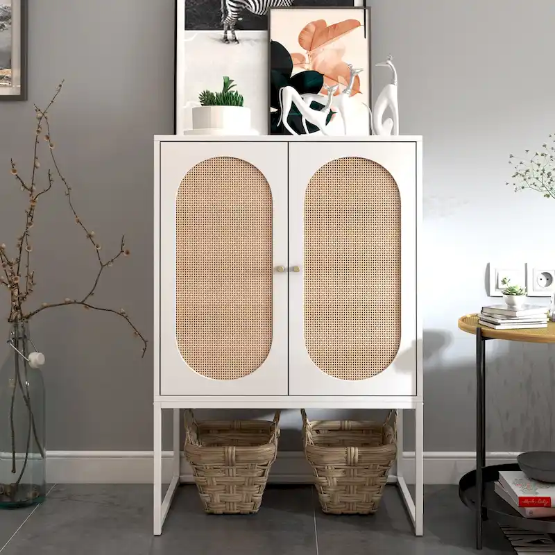 Rattan Decor Home Office Storage Cabinet, 2-Door Accent Cabinet with Adjustable Shelf - N/A
