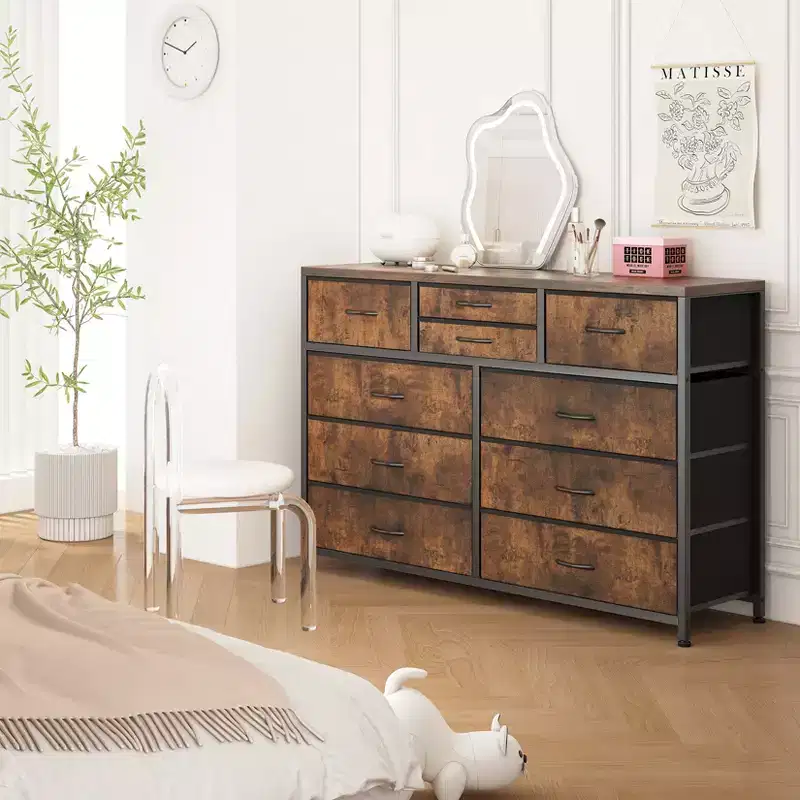 10 Drawers Fabric Dressers for Bedroom, 45 Wide Modern Chest of Drawers with Steel Frame & Wood Top, Large Storage Organizer with Fabric Bins