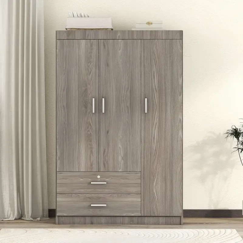 3-Door Wardrobe with 2 Drawers, Shelves & Hanging Rail – White MDF