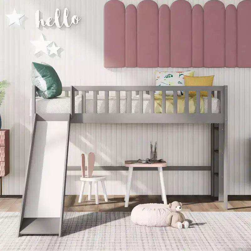 Twin/Full Size Kids Loft Bed with Slide, Safety Guardrail & Ladder