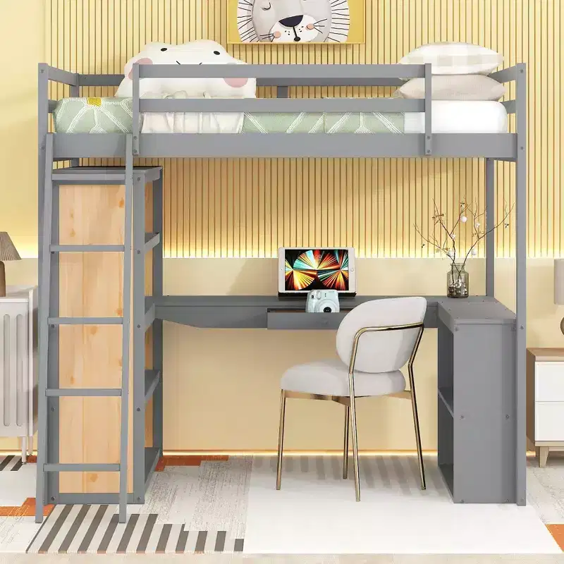 Whisen 77.8''L  75.3''W Full Size Loft Bed with Ladder, Shelves and Desk