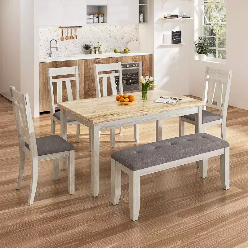VECELO 6-Piece Wooden Dining Table Set, Dining Table with 4 Armless Upholstered Dining Chairs & Bench for Kitchen, Rubber Wood Legs, Gray