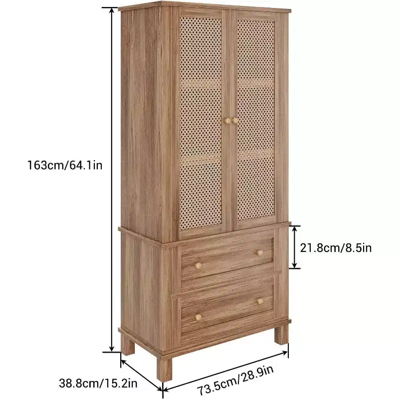 Tall Kitchen Pantry Storage Cabinet with Rattan Doors and 2 Drawers, Adjustable Shelves Utility Cupboard, Stylish Storage Solution for Kitchen