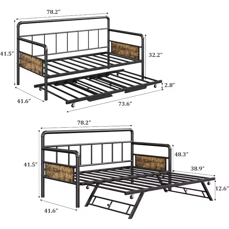 Twin Daybed with Pop Up Trundle Set, Metal Bed Frame with Steel Slat Support, Sofa Bed for Kids/Teens/Adults, Easy Assembly