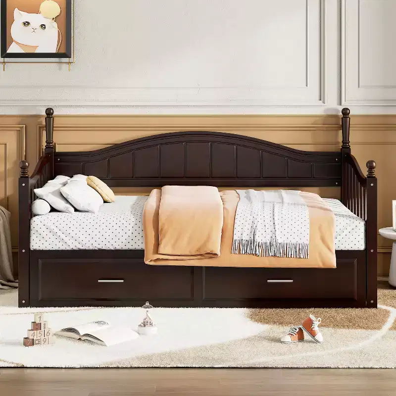 Wooden Daybed with Trundle & 2 Storage Drawers, Extendable Twin to King, 250 lbs