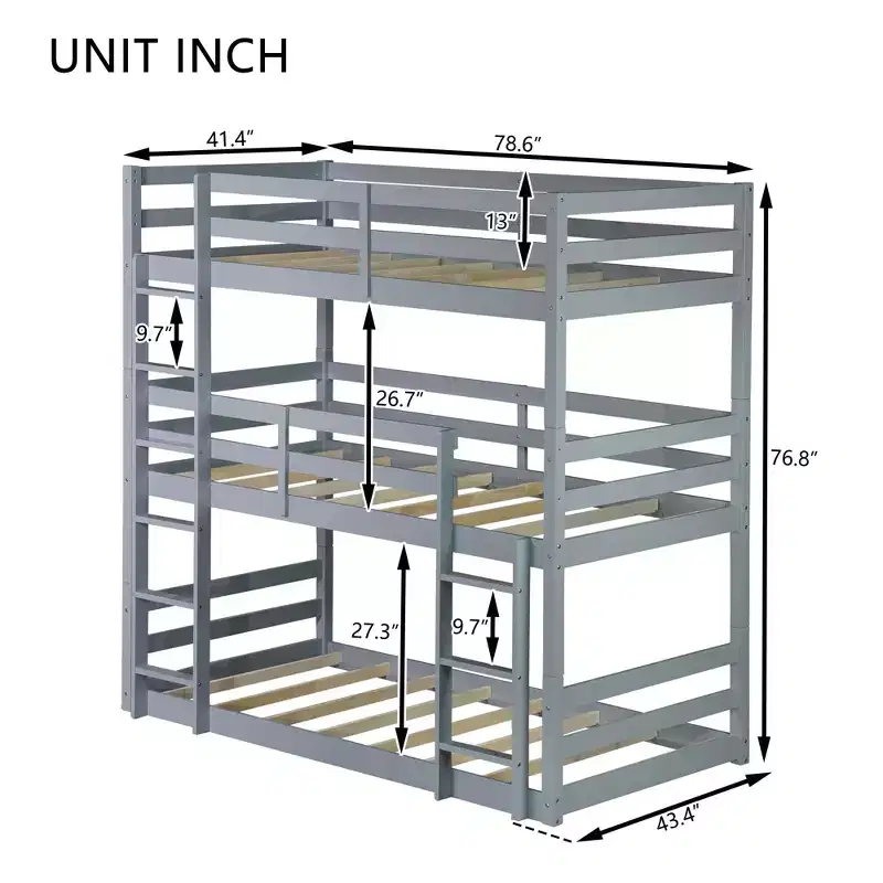 Bellemave Triple Rubber Wood Bunk Bed with Two Built-in Ladders, Guardrails, Twin over Twin over Twin, Detachable Triple Twin Bunk Bed,Grey