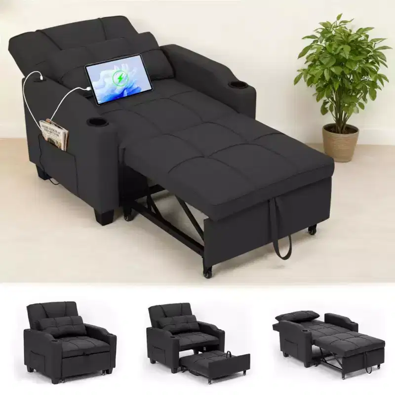 4-in-1 Convertible Sofa Bed with Massage Pillow - USB/Type-C & Cup Holders for Small Spaces