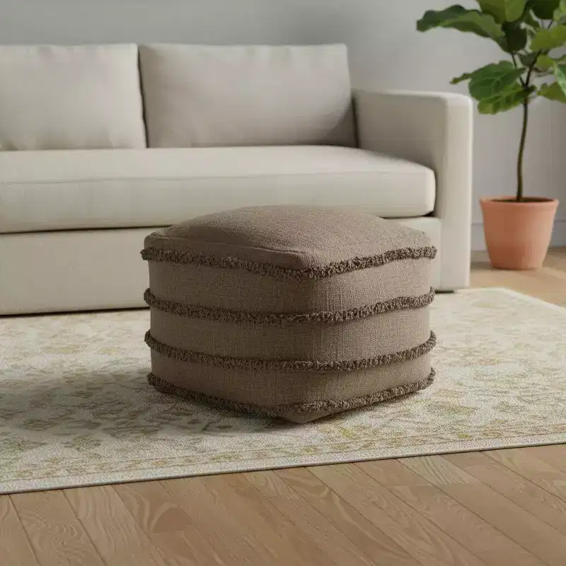 HomeRoots 18 Brown Cotton Striped Pouf Ottoman