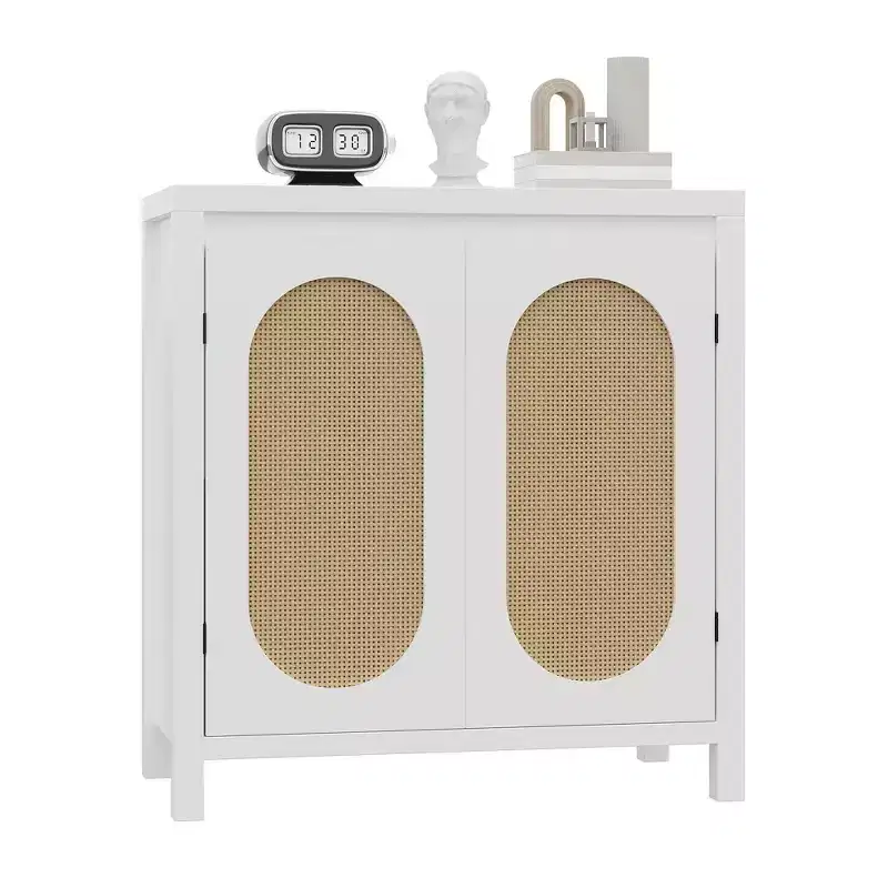 Modern Sideboard - Feature Rattan Storage Cabinet with Adjustable Shelves and Doors, Bohemian Style Small Console Cabinet