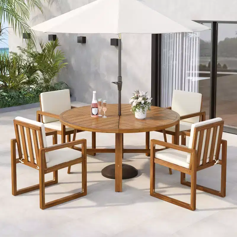 ModernLuxe 5-Piece Outdoor Dining Set Patio Furniture Set with 4 Armchairs & 1 Table for Garden Balcony Backyard, Acacia Wood Frame, Beige+Natural
