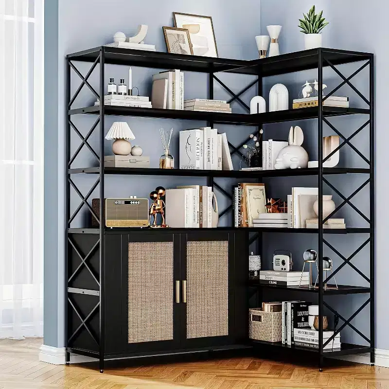 Garvee 6-Tier Industrial Corner Bookshelf,L-Shaped Bookshelf With Storage Cabinet,Large Display Shelf For Home Office, Living Room, Kitchen