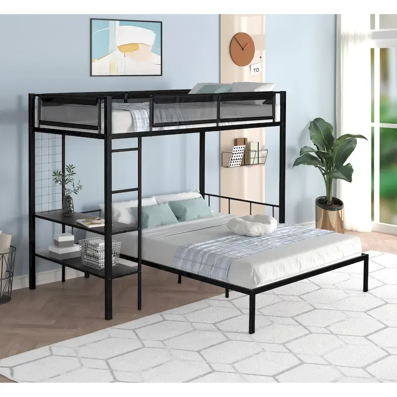 Twin over Full Bunk Bed with Shelves, Grid Panel and Separated Bottom Bed