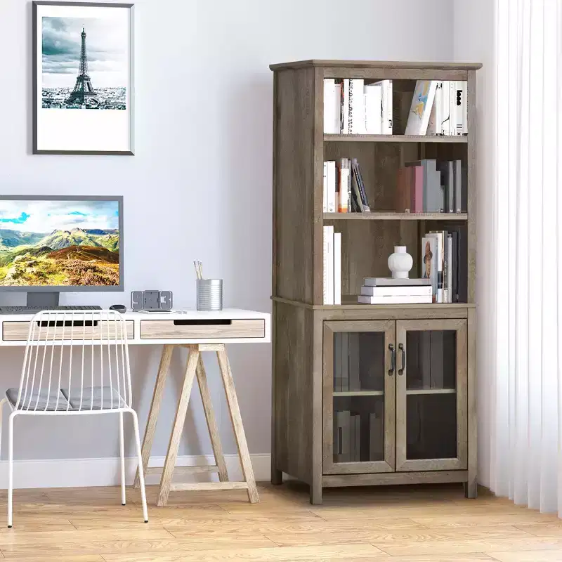 HOMCOM 71 Bookcase Storage Hutch Cabinet with Adjustable Shelves and Glass Doors for Home Office, Kitchen, Living Room