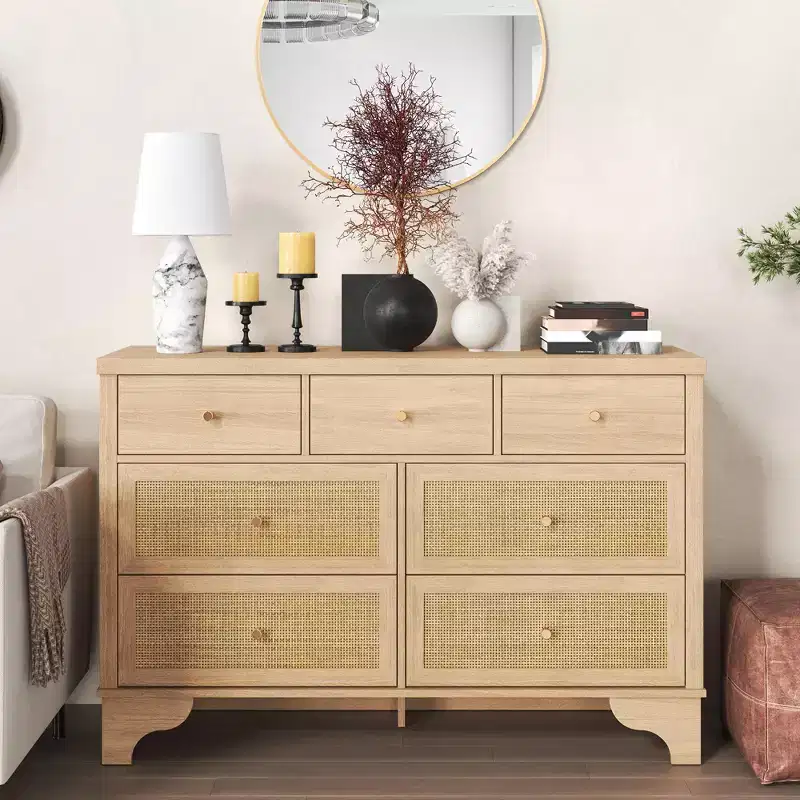 7 Drawer Dresser for Bedroom, 47.3 Wide Natural Rattan Chest of Drawers, Wood Boho Clothing Storage Organizer, Dresser TV Stand Cabinet