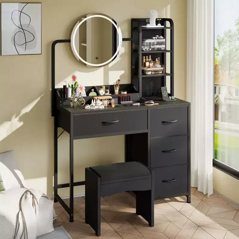 Modern Vanity Desk with Mirror, 4 Fabric Drawers, Storage Shelves, for Bedroom, Living Room