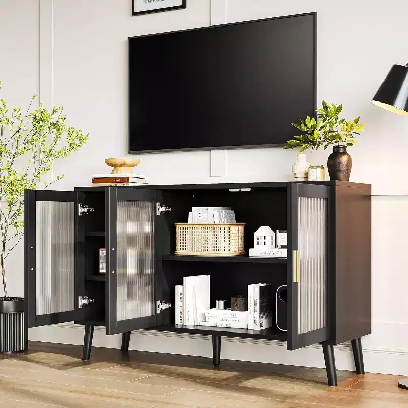 48 Large TV Console Storage Cabinet, Modern Stand with 3 Fluted Glass Doors, 5 Adjustable Shelves, Black for Living Room