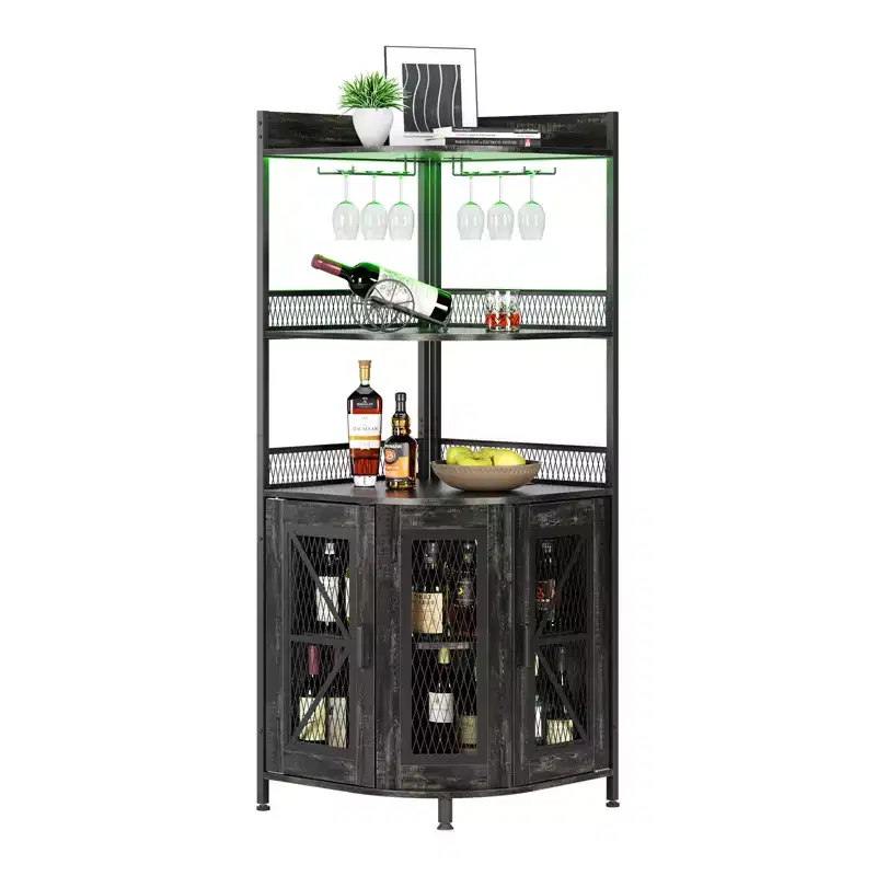 Industrial Corner Bar Cabinet with Power Outlet, 5-Tier Wine Cabinet w/ LED Strip & Glass Holder, Liquor Display Storage Cabinet for Home Bar