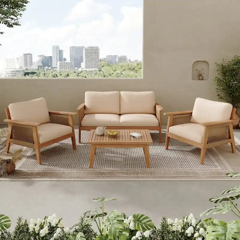 Modern Outdoor 4-piece Acacia Wood Sectional Sofa Set with Waterproof Cushions