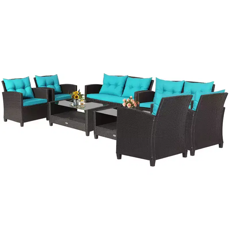 Costway 8 PCS Patio Rattan Furniture Set Glass Table Shelf Sofa Cushion Black/Red/Turquoise/Navy/Gray