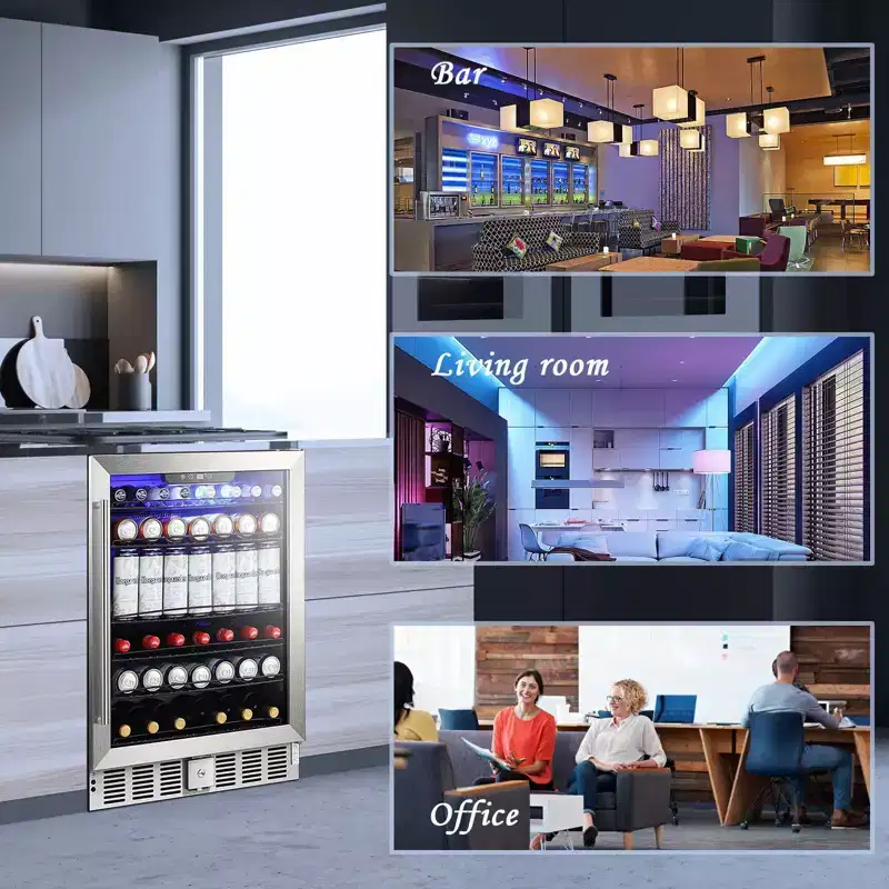 5.1 Cu.Ft Beverage Fridge, 24 Inch, 166-Can, Low Noise, Glass Door, Stainless Steel, Efficient Cooling System with Safety Lock