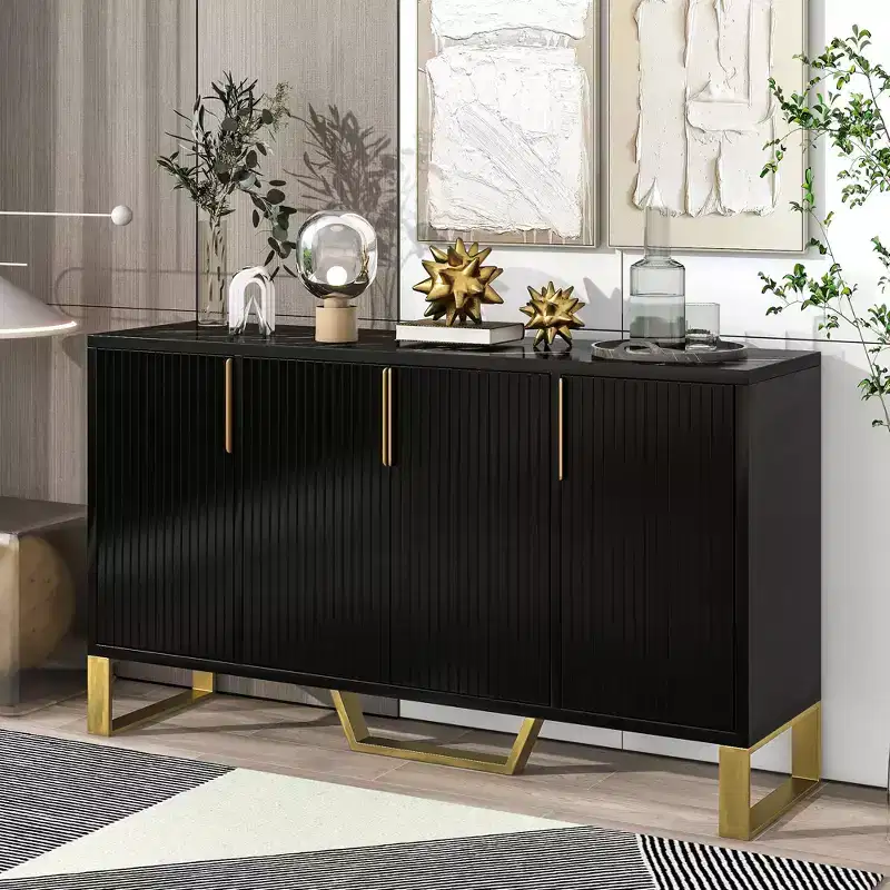 Modern Sideboard with Four Doors, Metal Handles & Adjustable Shelves, Black