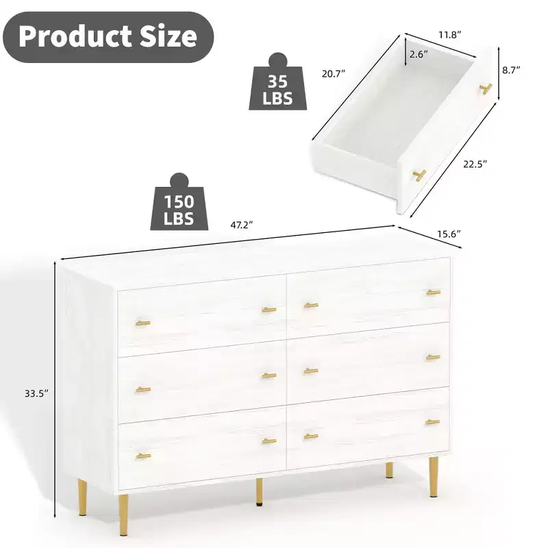 Farmhouse 6 Drawers Dresser for Bedroom, 47.2 Wide White Dresser Wood Rustic Chest of Drawers, Natural Texture,Drawer Organizer