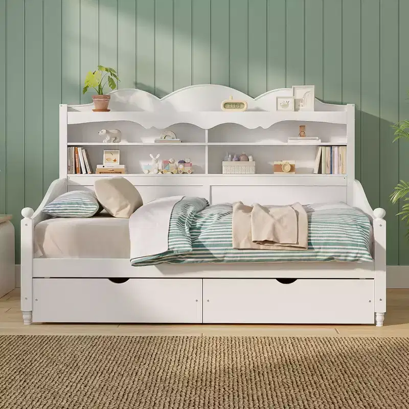 Wood Twin Daybed with Storage Drawers and Headboard Shelves, 49.2