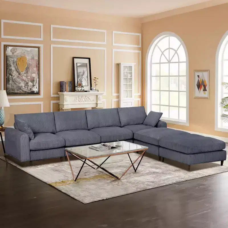 PexFix 6-Seat Modern Corduroy Modular Sectional Sofa U-Shaped Convertible L-Shaped Design with Ottoman and Pillows for Living Room Office Gray