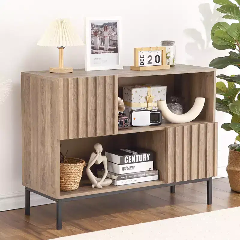 Semi-Open Sideboard ,39.4 Wave Pattern Buffet Cabinet with Metal Legs, Oak Brown & Black Console Table for Living Room, Dining Room,Entryway Storage