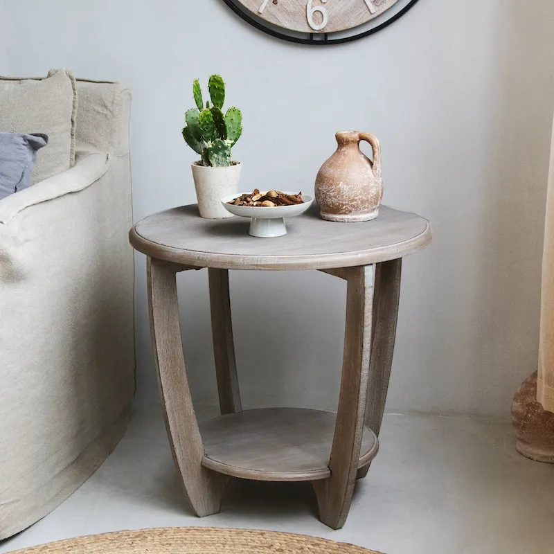 Rustic Farmhouse End Table with Open Storage Shelf, V-Shaped Legs, Natural Wood Grain, 28W x 25H in