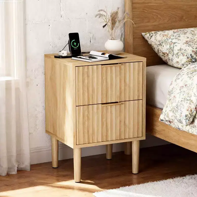 15.7In. Oak Nightstand, P2 15MM MDF, Melamine & Vacuum Forming, 2 Drawers, US Outlet (1USB+1TYPE C+2AC)