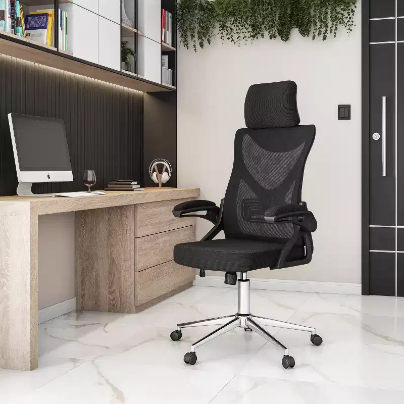 Mesh Ergonomic Office Chair, Desk Chair with Headrest and Lumbar Support, Criss Cross Chair with Chrome Base for Office, Home, Black