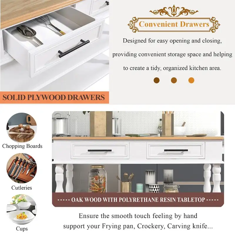 Rolling OAK Wood Top Kitchen Cart with Wine Rack and 2 Drawers