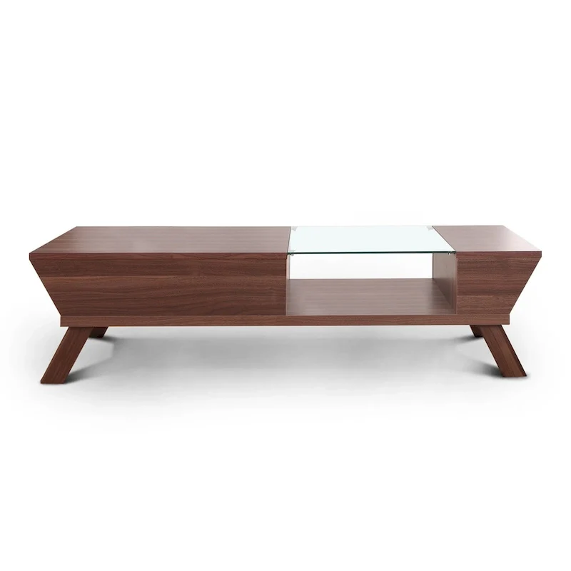 Medieval-style modern walnut wood 47-inch glass-paneled single-layer coffee table