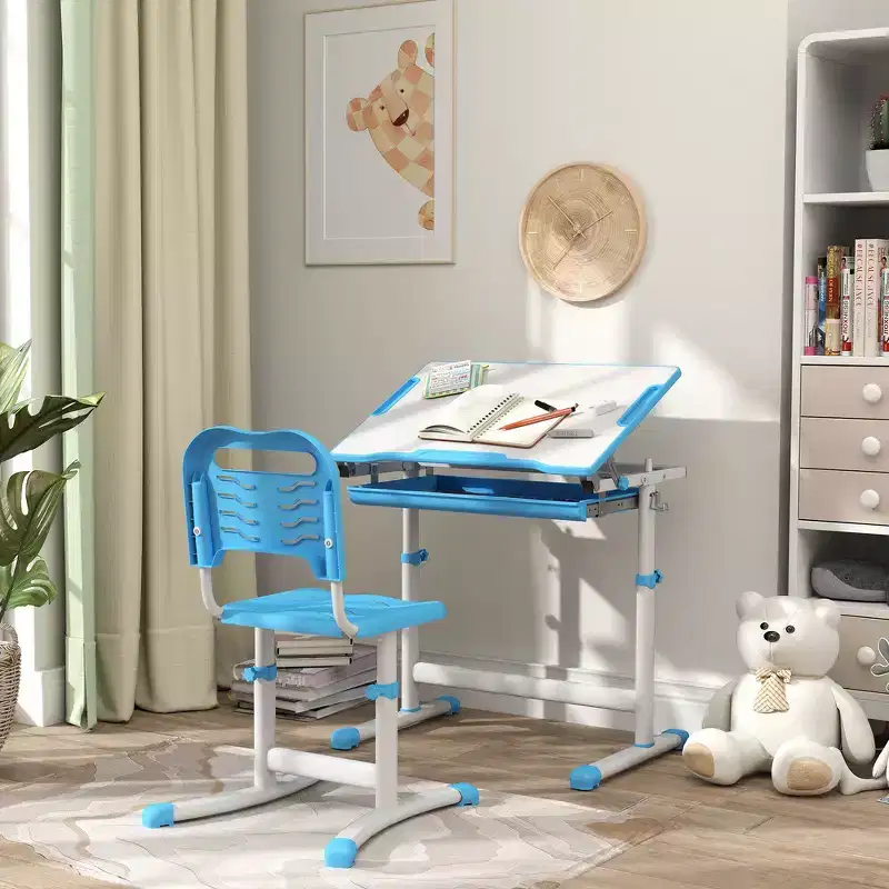 Whisen Adjustable Kids Desk and Chairs Set, Ergonomic Table and Chair Set with Storage Drawer - Blue