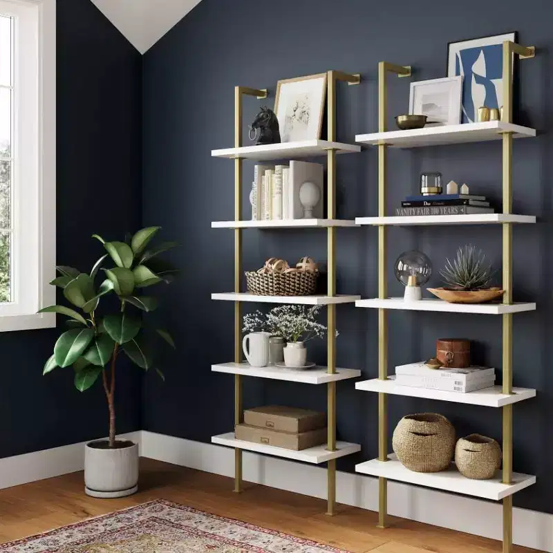 72.8" Nathan James Set of 2 Theo 5 Shelf Bookshelf White/Gold