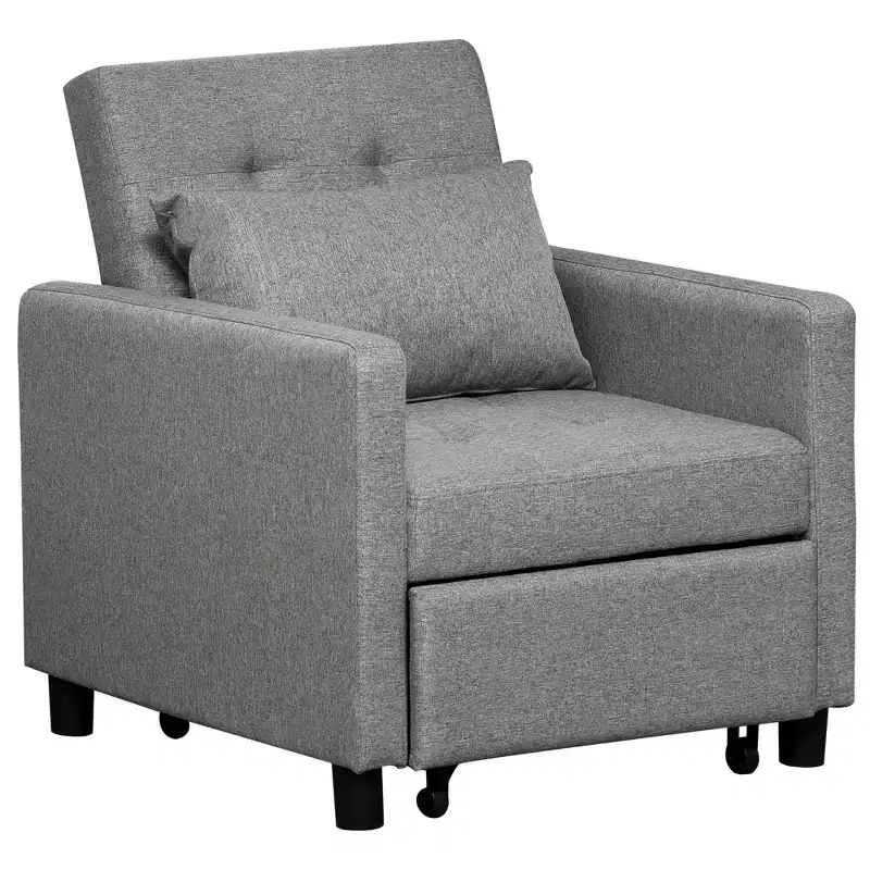 Convertible Sofa Lounger Chair Bed, Multi-Functional Sleeper Recliner with Tufted Upholstered Fabric, Adjustable Angle Backrest, Pillow, Gray