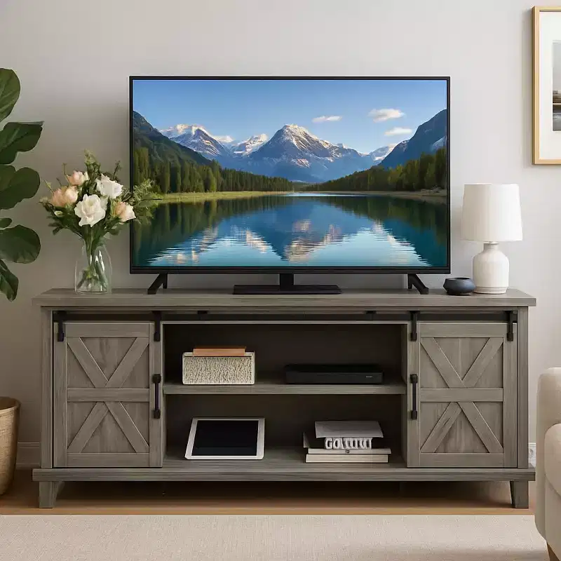Farmhouse TV Stand for 75 in Television, Wood Entertainment Center with Storage & Barn Doors, Adjustable Shelf Media TV Console Table Cabinet