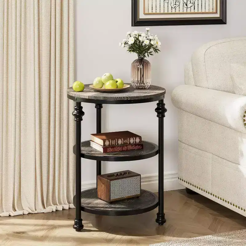 3-Tier Round End Table with Steel Frame, Multi-Level Nightstand for Bedroom & Living Room