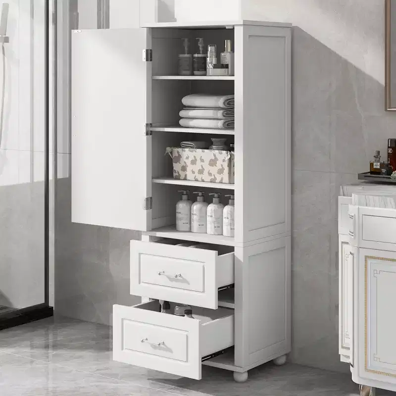 MAYEERTY Tall Bathroom Cabinet Freestanding 2 Drawers Adjustable Shelf MDF Painted White